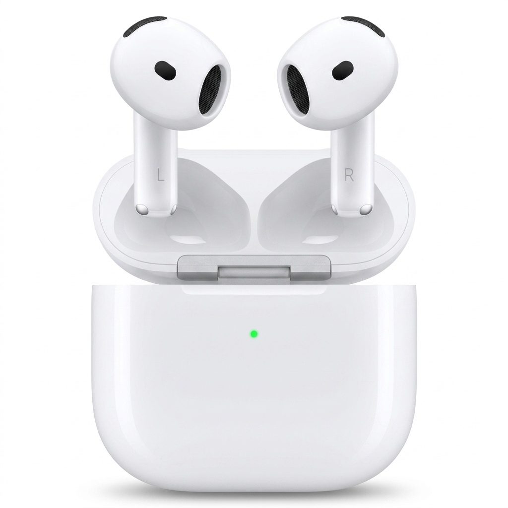 هدفون بلوتوثی اپل مدل AirPods 4 دارای نویز کنسلینگ، درگاه شارژ USB-Type-C و شارژ بی سیم، با قابلیت اتصال به چند دستگاه، پشتیبانی از فرمان لمسی و دستیار صوتی، نشانگر LED، مقاوم در برابر پاشش آب و گرد و غبار